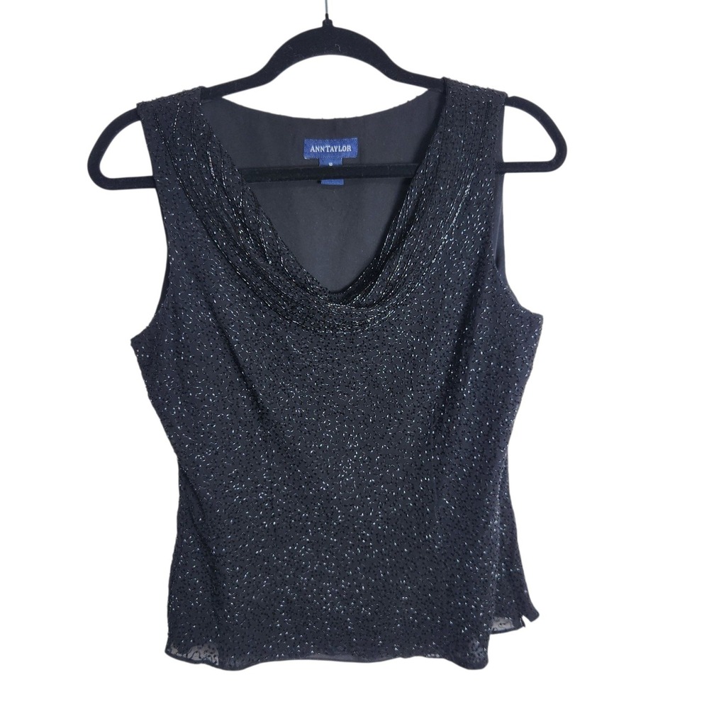 Ann Taylor Black Beaded Silk Cowl Neck Sleeveless Top Size 10 Evening Cocktail